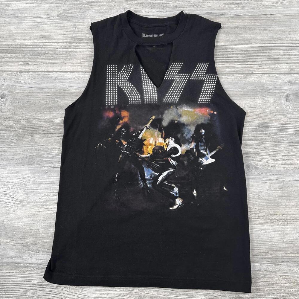 Kiss Shirt Womens Small Black Cutoff V neck Shredded Upcycled Cut Up - Picture 1 of 6